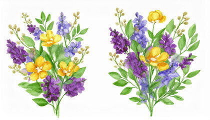 Obraz premium Watercolor painting of floral branches, green leaves. Yellow and purple flowers. Beautiful nature.