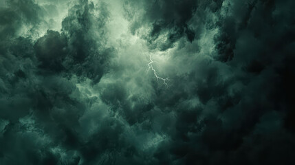 dramatic view of storm clouds with flashes of lightning illuminating dark sky, creating sense of tension and awe. Nature power is vividly displayed in this atmospheric scene
