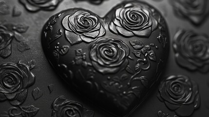 Monochrome image of a chocolate heart with embossed rose patterns, highlighting textures and depth