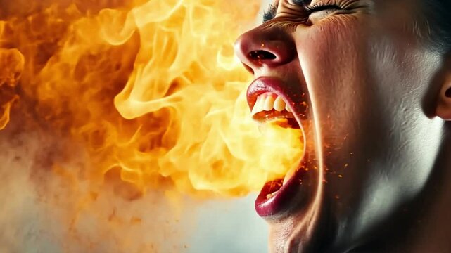 Woman screaming and spitting fire from her mouth