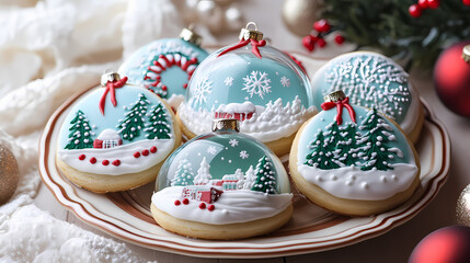Naklejka premium A collection of colorful snowglobe christmas cookies arranged on a decorative plate, each cookie showcasing intricate icing designs of snowy landscapes and holiday decorations. Snowglobe. Illustration