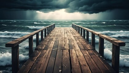 Wooden Pier Extends Into Stormy Ocean Waves