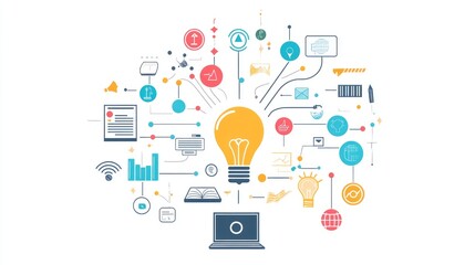 Network theme information technology a creative mind map chart clipart, brainstorming process element, colorful connected nodes, flat design, isolated on white background