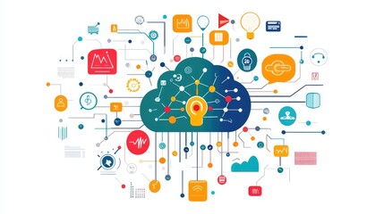 Fototapeta premium Network theme information technology a creative mind map chart clipart, brainstorming process element, colorful connected nodes, flat design, isolated on white background