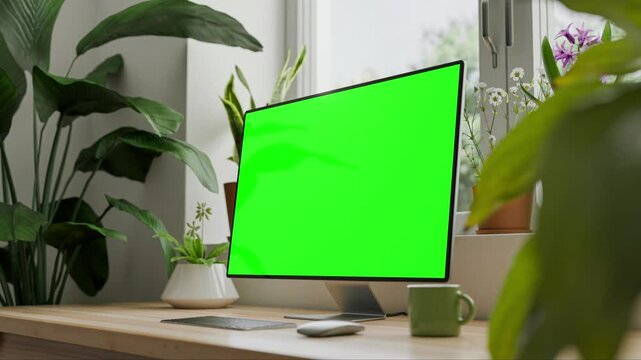 All-in-one computer with a blank green screen, placed on a wooden desk in a bright interior with potted plants.. Smooth camera movment up. CGI 3d render