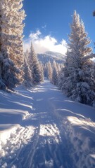 Obraz premium Snowy pine forest framing a winding winter road. Blue sky and sunlit powder with mountain peaks beyond. Calm resilience and fresh-start momentum. Ideal for travel, wellness