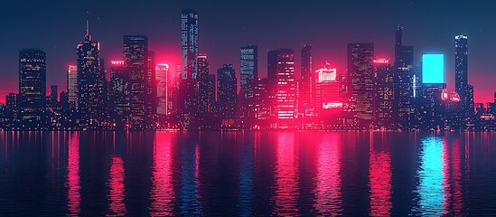 Neon Cityscape Reflecting In Calm Water At Night