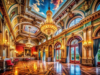 Obraz premium Modern hallway architecture complements the elegant ballroom's spacious design in this luxury event venue's grand hall.