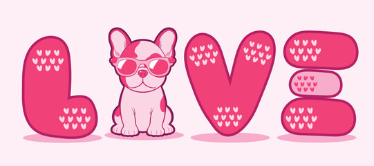 Cartoon French Bulldog chill sitting Wearing pink heart Sunglasses as word of love, dog lover concept