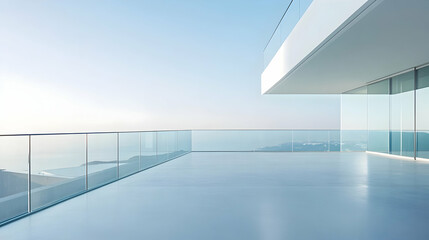 Obraz premium Minimalist balcony with frameless glass railings and a smooth concrete floor, overlooking a vibrant urban skyline