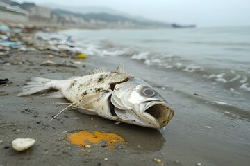 Obraz premium Dead fish on the beach, lifeless, lifeless eyes and damaged scales. Beaches are full of garbage, the sea is polluted. The effects of water pollution on marine life and the environment.