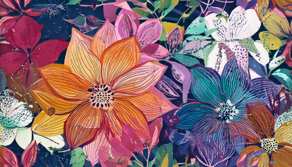 Floral pattern with flowers and butterflies on the wall in vibrant colors