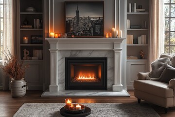 Cozy living room with Rory Dark Cherry birch wood and stone electric fireplace, built-in bookshelves, beige armchair, New York City painting, and decorative elements like candles and books.