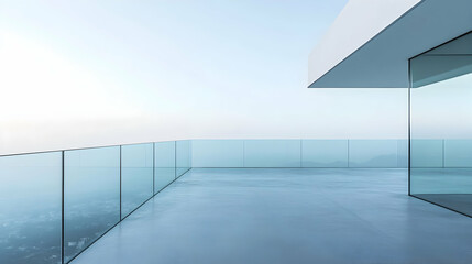 Minimalist balcony with frameless glass railings and a smooth concrete floor, overlooking a vibrant urban skyline