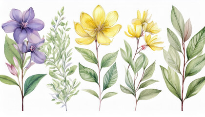 Watercolor painting of floral branches, green leaves. Yellow and purple flowers. Beautiful nature.