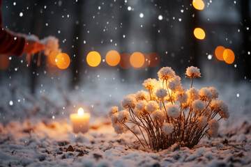 enchanting touch of snowflakes during holiday season creates a picturesque scene reminiscent of a...