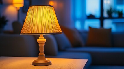 Illuminated table lamp in cozy living room.