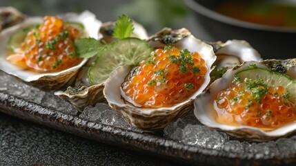 Fresh oysters topped with orange caviar, lime, and herbs, served on ice.