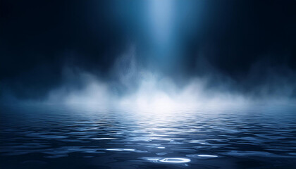 Fototapeta premium Water surface with magic neon glow from inside and smoke on top. Mystery dark background