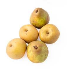Gennevilliers, France - 01 02 2024: Still life. Close up of three apples Canada and two Conference pears on a white background.