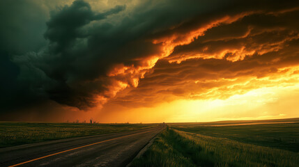 dramatic sunset illuminates stormy horizon over deserted road, creating breathtaking contrast of colors and emotions. scene captures beauty of nature power and tranquility