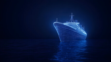 The front of the Titanic: A wireframe hologram render showcasing the iconic ship’s bow, designed in a futuristic digital style with advanced technology.
