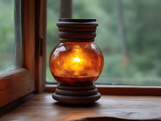 Amber Glass Lantern: Warm Glow on Wooden Sill
