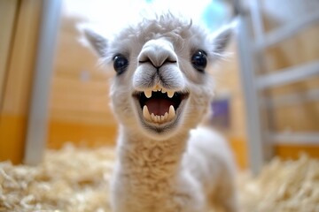 Happy white baby alpaca smiles, teeth showing.