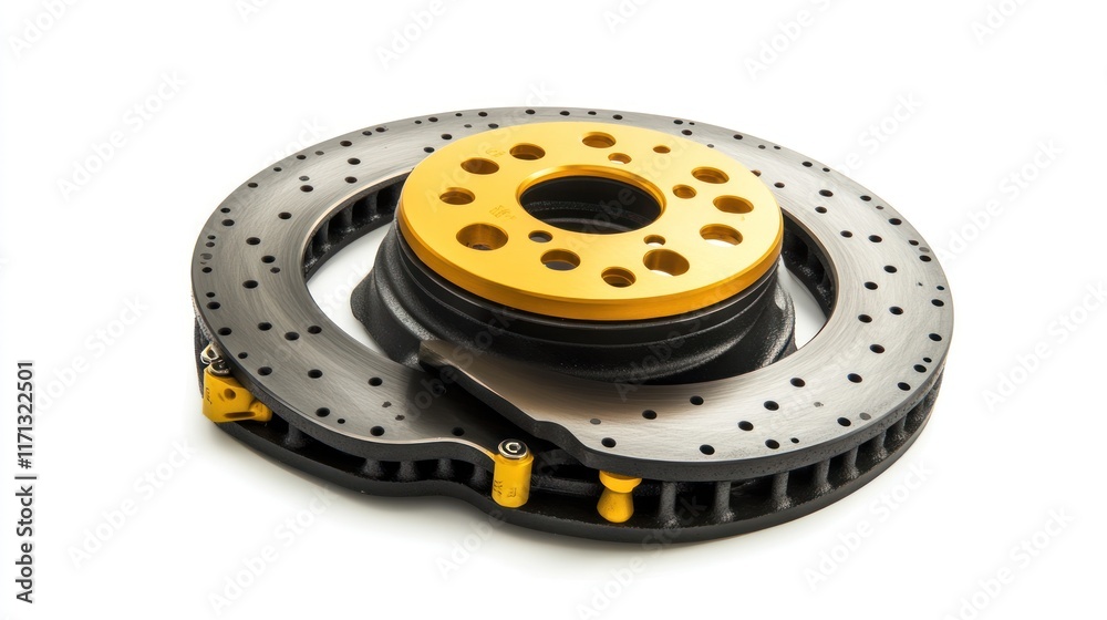Poster a high-performance brake rotor with a yellow center, designed for automotive applications.