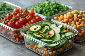 Healthy meal prep containers with chickpeas, chicken, tomatoes, cucumbers and avocados. ,.  