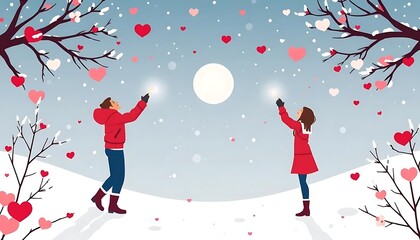 Couple sharing winter love under snowy hearts