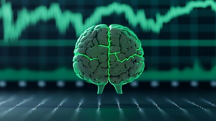A futuristic green brain with data visualization in the background, symbolizing artificial intelligence and neuroscience.