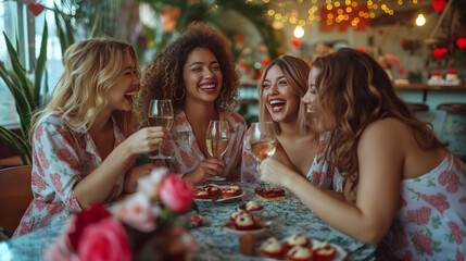 Diverse women laughing and enjoying drinks with desserts, concept of friendship and Galentine's Day celebration