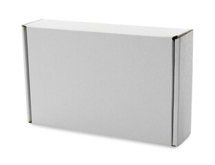 One closed cardboard box isolated on white. Mockup for design