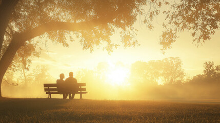 Fototapeta premium couple sits on park bench, enjoying serene sunset under large tree