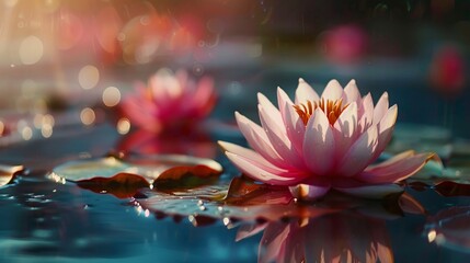 A beautiful water lily flower floating peacefully on the calm lake waters.