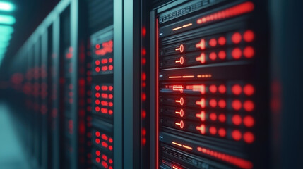 Fototapeta premium Futuristic data center with glowing red server racks and technology