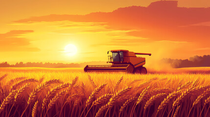 Fototapeta premium Sunset wheat harvesting with combine harvester in golden field design, summer agriculture scene, rural farm landscape design. Twilit. Illustration