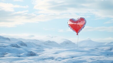 A whimsical Valentine's Day balloon shaped like a heart, floating against a backdrop of a snow-covered landscape.
