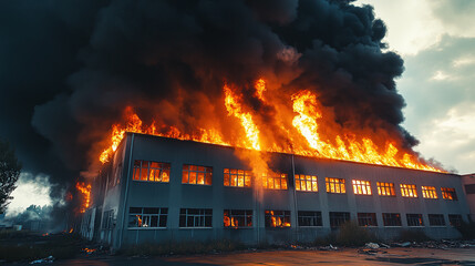 Big fire flame burning in industrial factory building, exterior view. emergency danger, dark black smoke, room accident alarm system, outside, rescue, insurance.