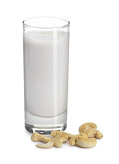 Fresh cashew milk in glass and nuts isolated on white
