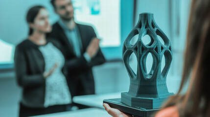 person presenting 3D printed project to engaged audience, showcasing innovative design and technology. atmosphere is focused and professional, highlighting creativity and craftsmanship