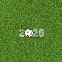 Soccer ball in the year 2025 displayed as chalk mACarking in the grass. Plenty of copy space around...