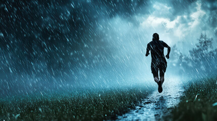 Obraz premium person running through heavy rain during thunderstorm, showcasing determination and resilience against elements. dark clouds and pouring rain create dramatic atmosphere