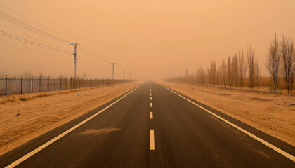 Apocalyptic Road View in Dusty Atmosphere After Global Catastrophe