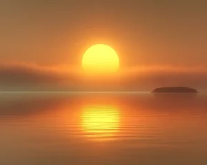 Foto op Canvas Serene sunset over calm ocean with small island. © Mila