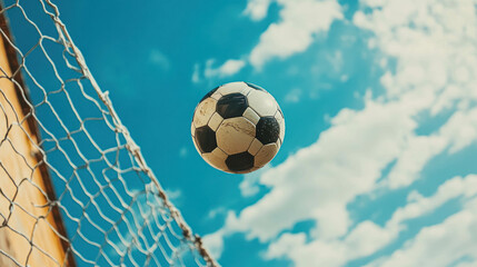 Soccer Ball In Mid-Air Against Blue Sky Near Goal Net. Soccer Ball In Action