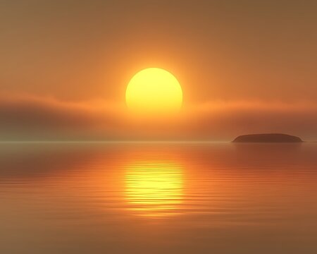 Serene sunset over calm ocean with small island. - Powered by Adobe