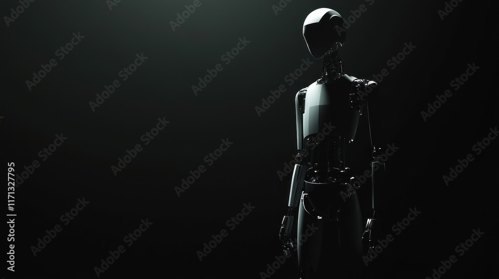 Poster a humanoid robot figure stands in a dark, minimalist environment, emphasizing technology and design.