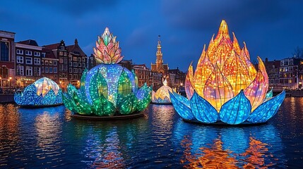 Illuminated lotus flower sculptures float on a canal at night, reflecting in the water.